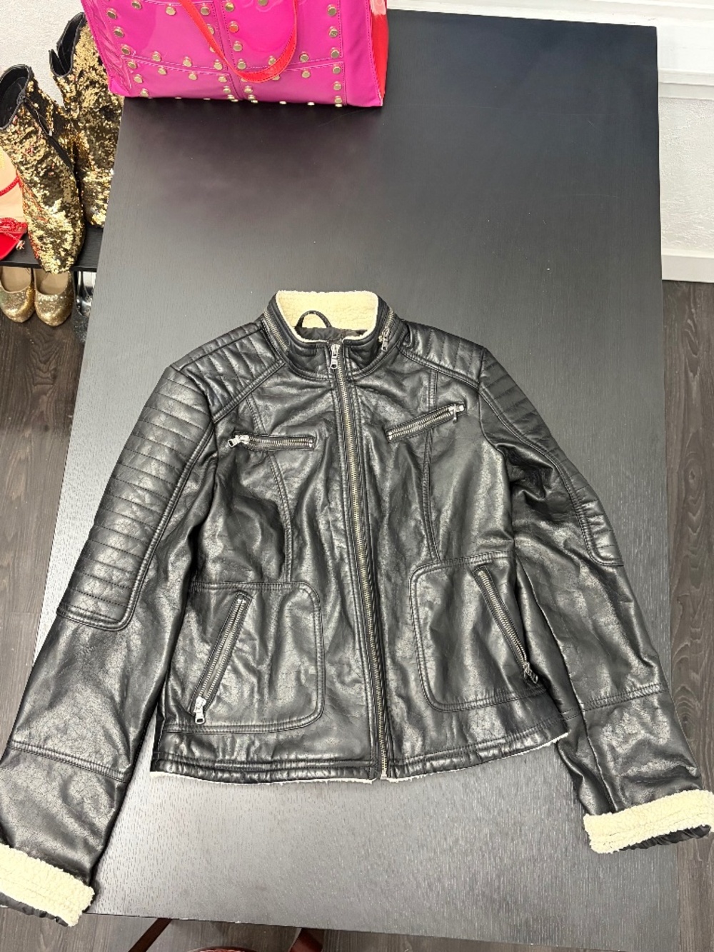 Chaps Faux Leather Full Zip Up Moto Jacket Long Sleeves Women's Size S Black